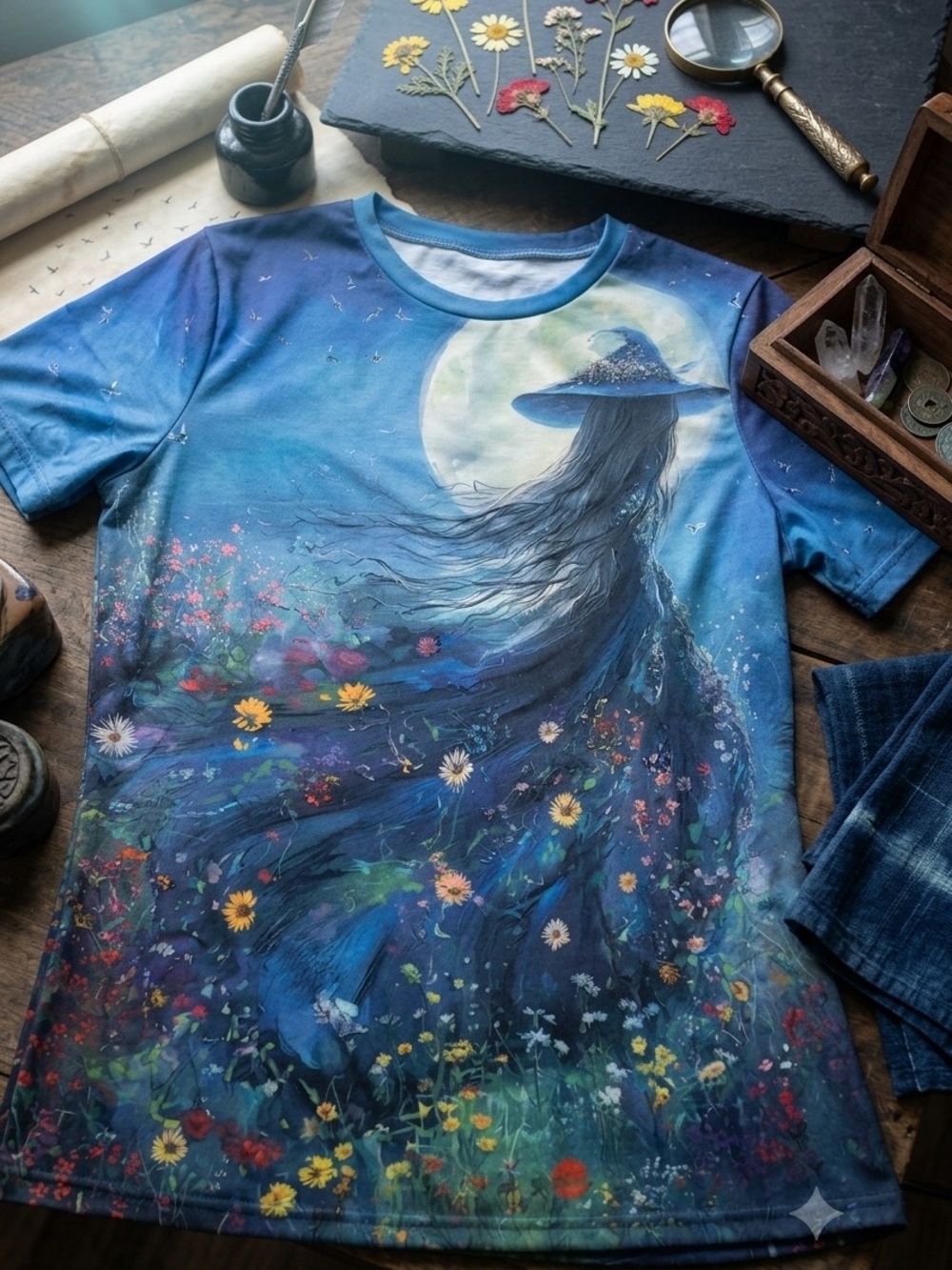 Blue Moonlit Witch Graphic T‑Shirt